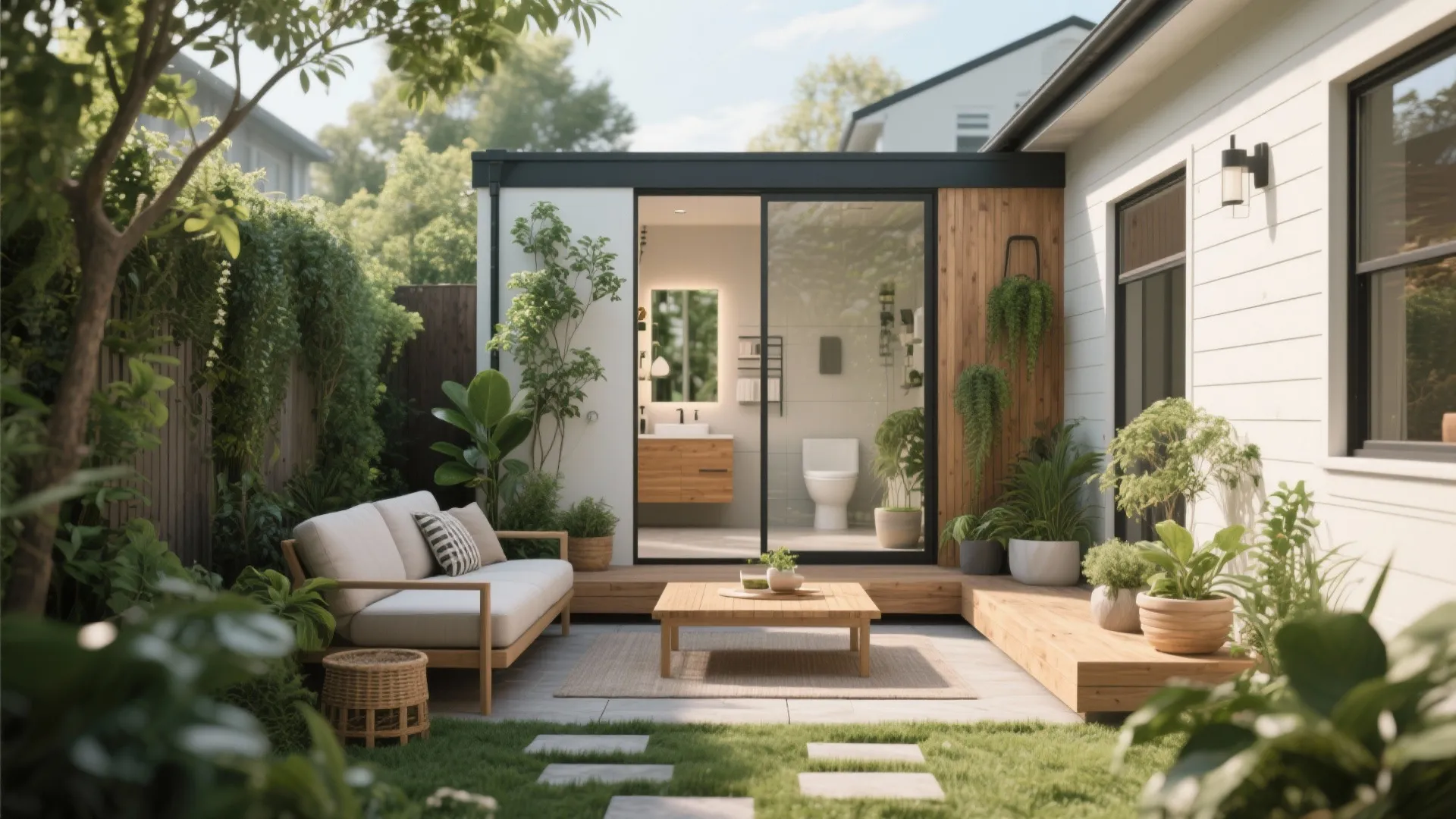 Modern backyard patio with wooden sofa and glass door leading into a bright indoor bathroom