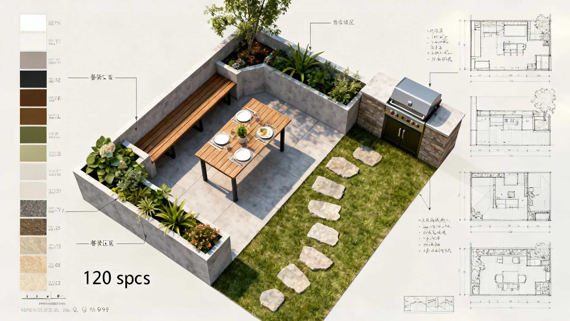 Top-down floor plan mockup of a 120 sq ft backyard showing pocket patio, bench, planters and path.