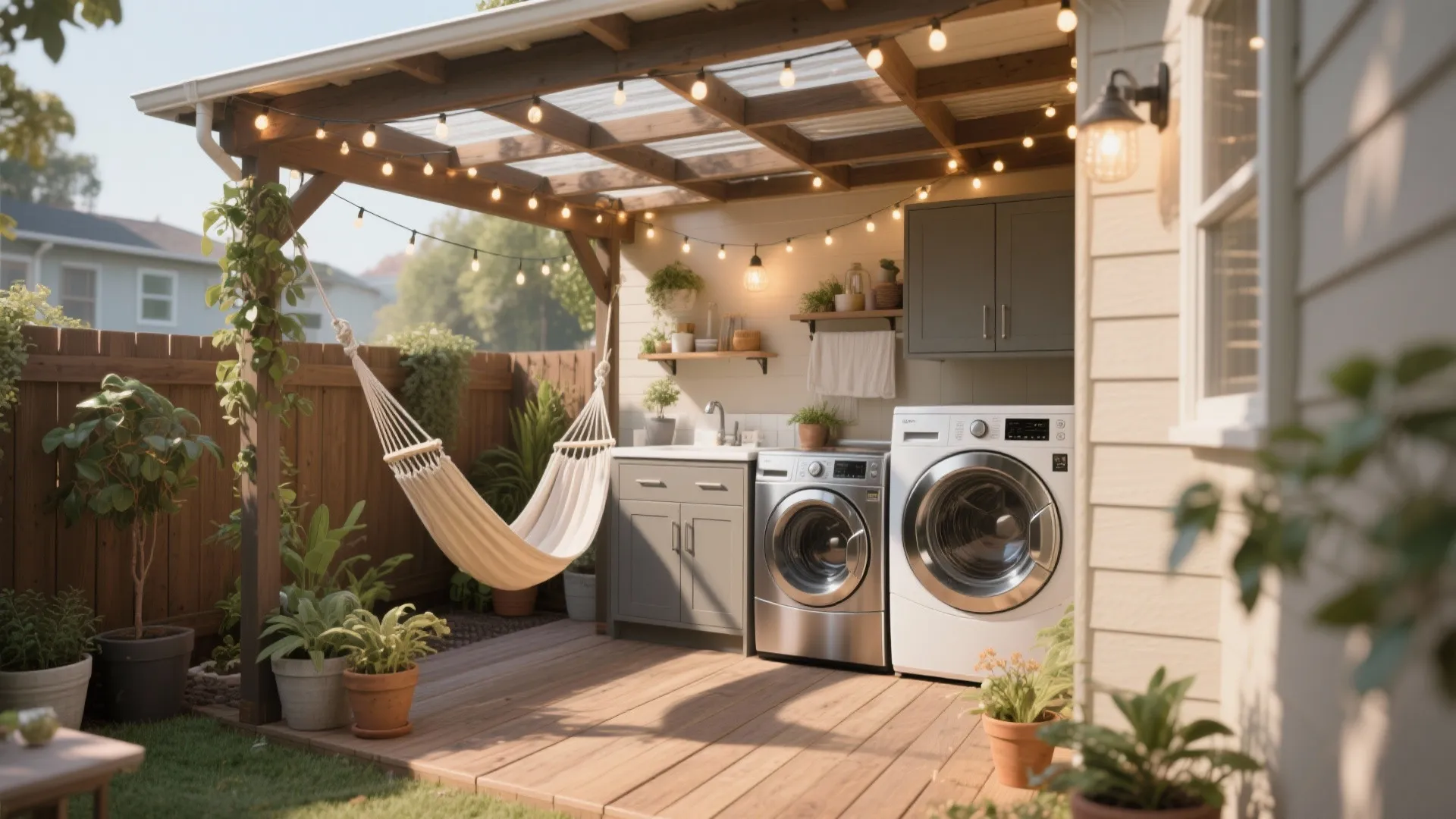 Outdoor laundry area with washing machine dryer grey cabinets white hammock and warm string lights