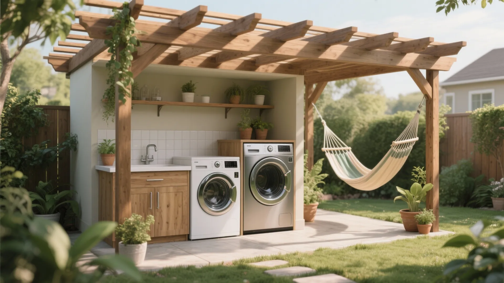 Outdoor laundry area under wooden pergola with two washing machines wooden sink cabinet and white hammock