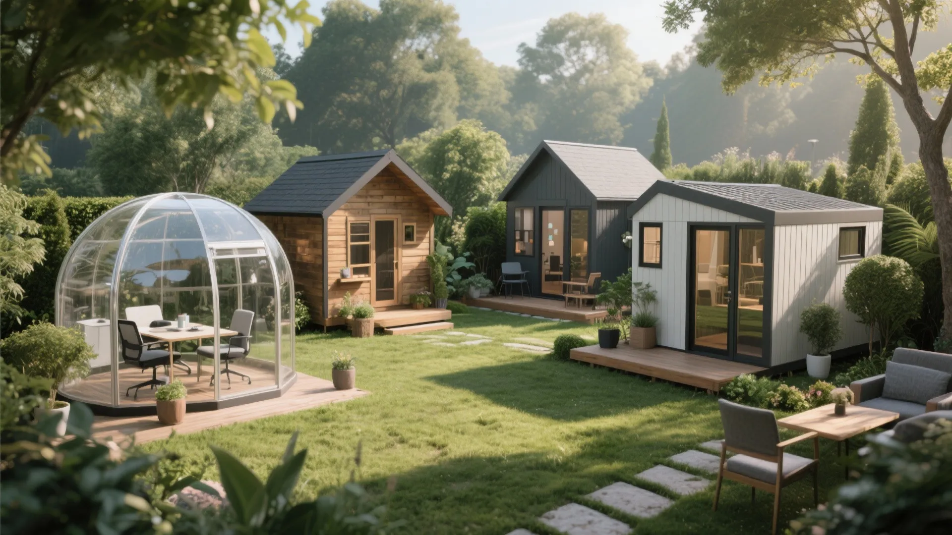 Various backyard office sheds and a glass dome pod on a green lawn with furniture