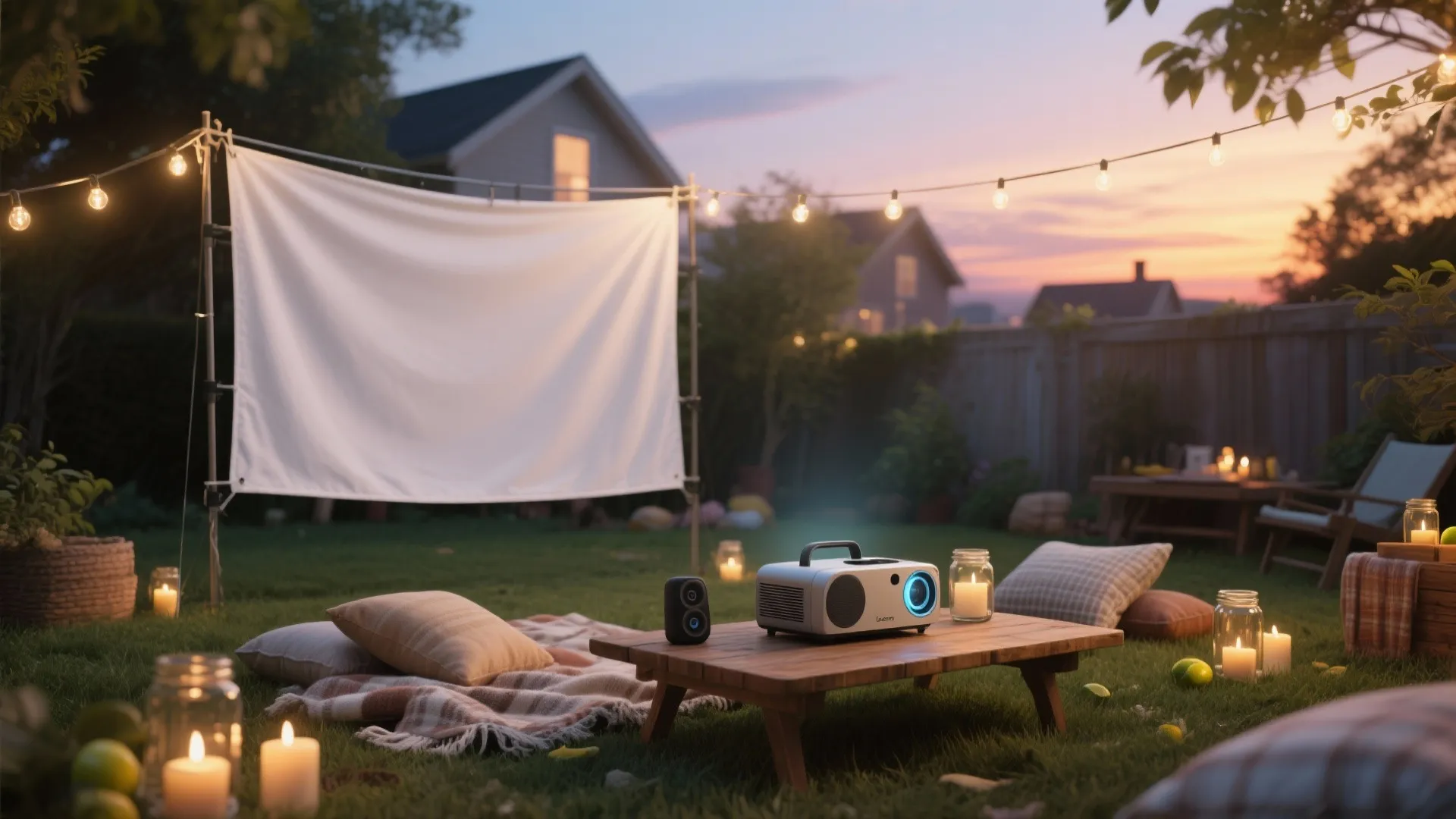 Outdoor movie setup with white screen projector wooden table candles and string lights at sunset