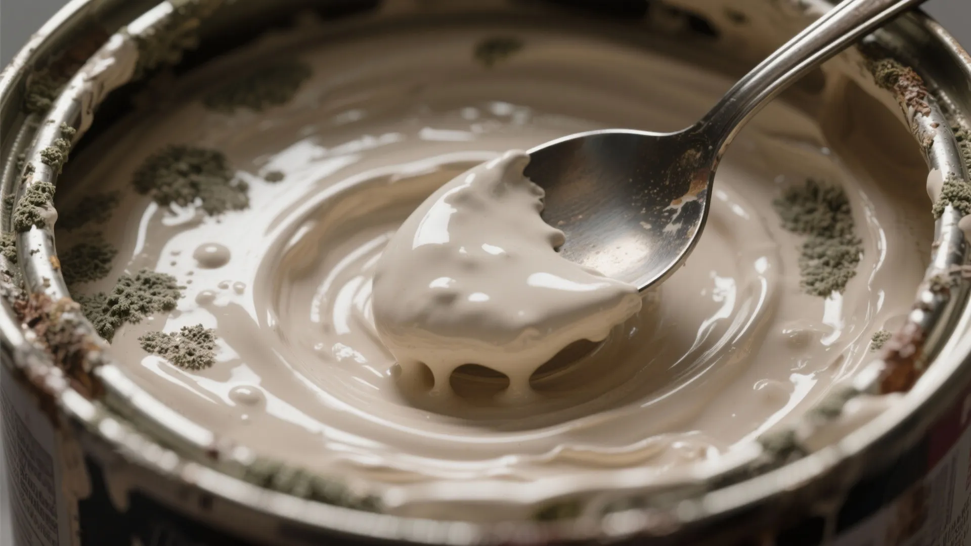 Macro view of separated, lumpy, and moldy paint textures showing signs of bad paint.