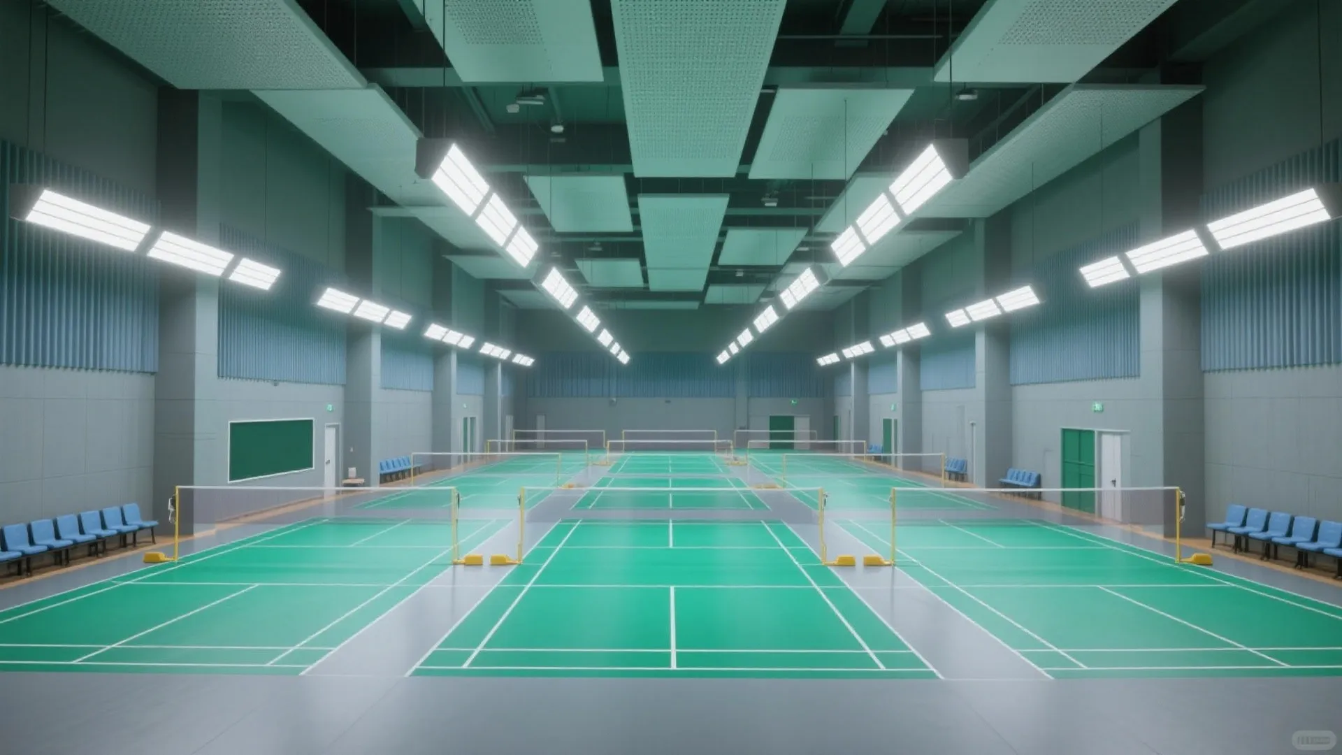 Modern indoor badminton hall featuring green courts white nets bright ceiling lights and blue chairs