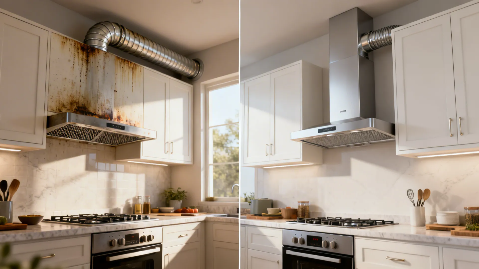 Before-and-after of mesh filter vs auto-clean baffle chimney showing cleaner cabinets and shorter duct.