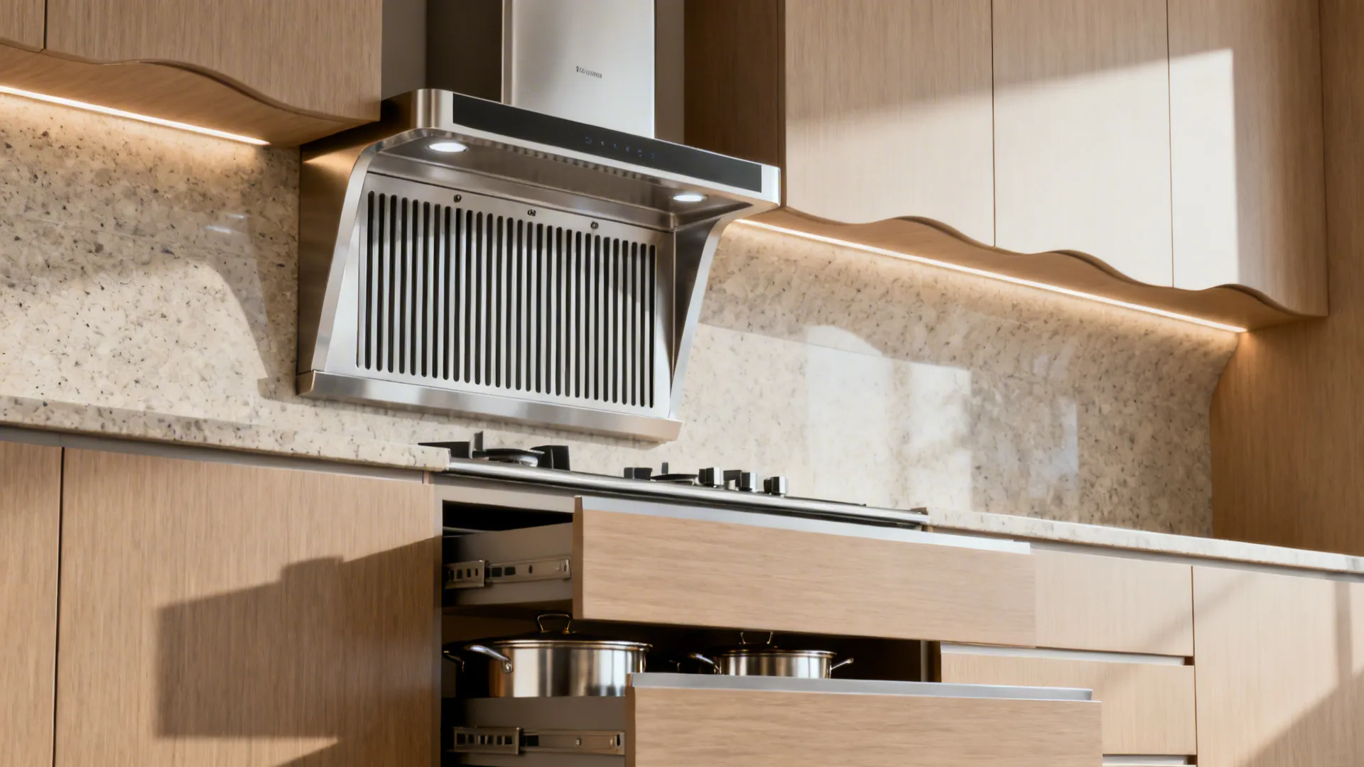 Close-up of baffle-filter chimney, quartz counter with coved backsplash, and drawer storage.