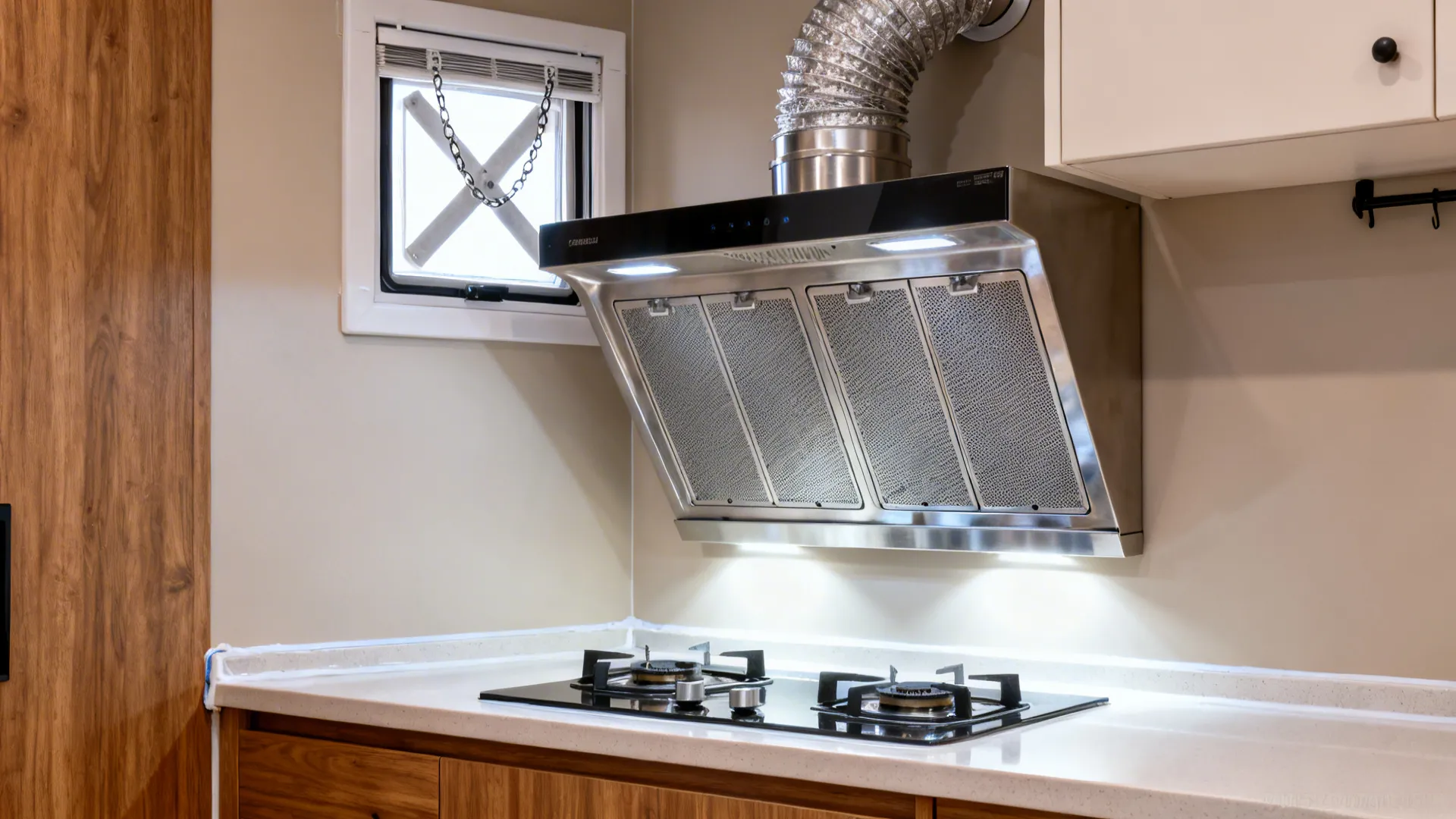 Stainless baffle-filter chimney with exterior ducting and a window vent in a compact kitchen.