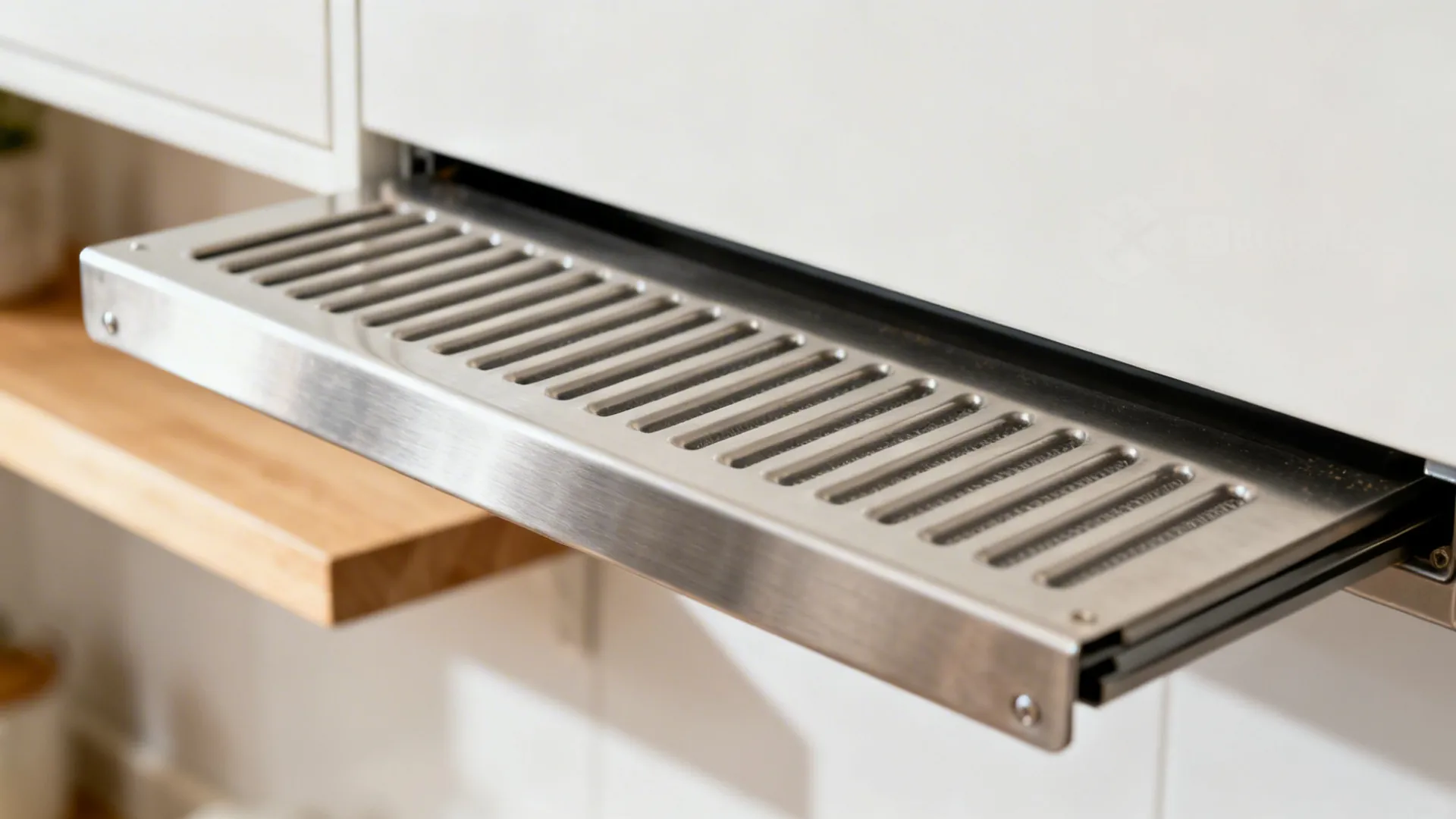 Close-up of a chimney hood baffle filter being removed for easy cleaning.