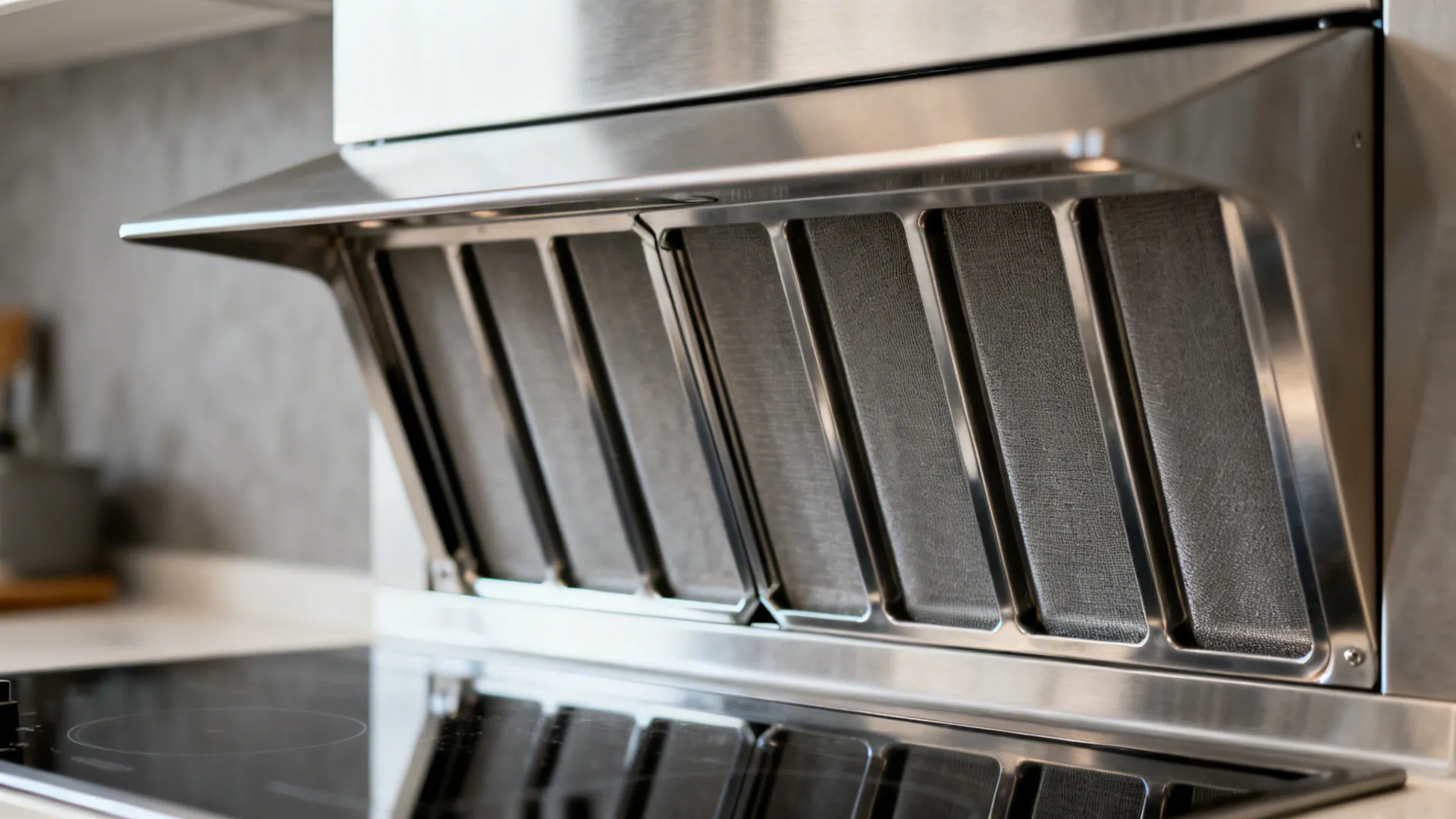 Macro view of deep stainless steel baffle filters with a generous hood capture area.