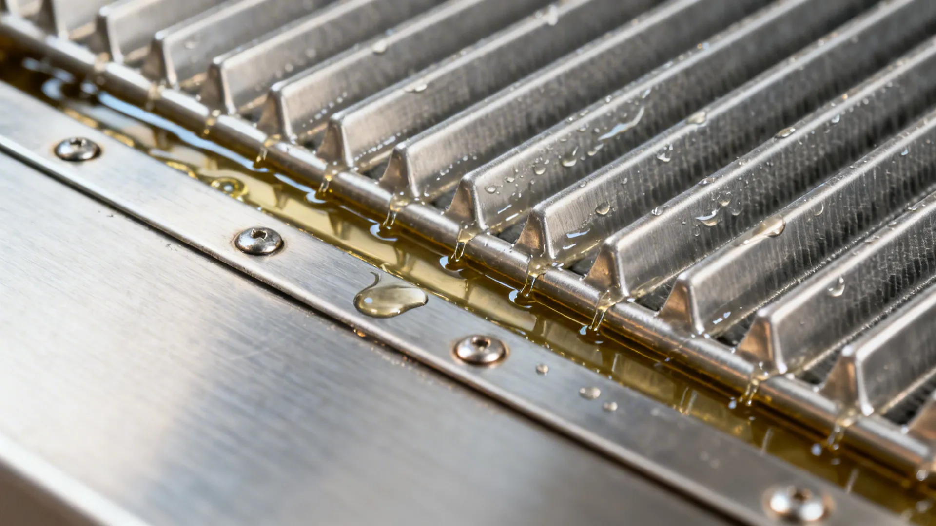 Macro view of stainless baffle filter fins with realistic texture and sheen.