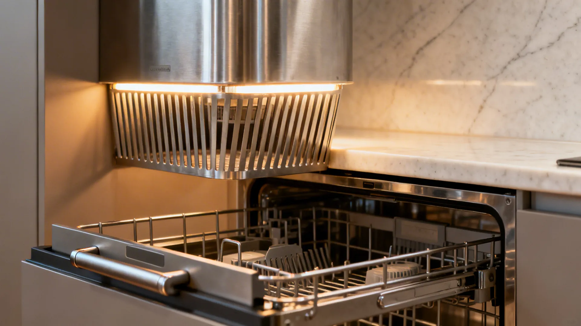 Macro of a stainless baffle-filter chimney with metal drawer organizers and light quartz edge.