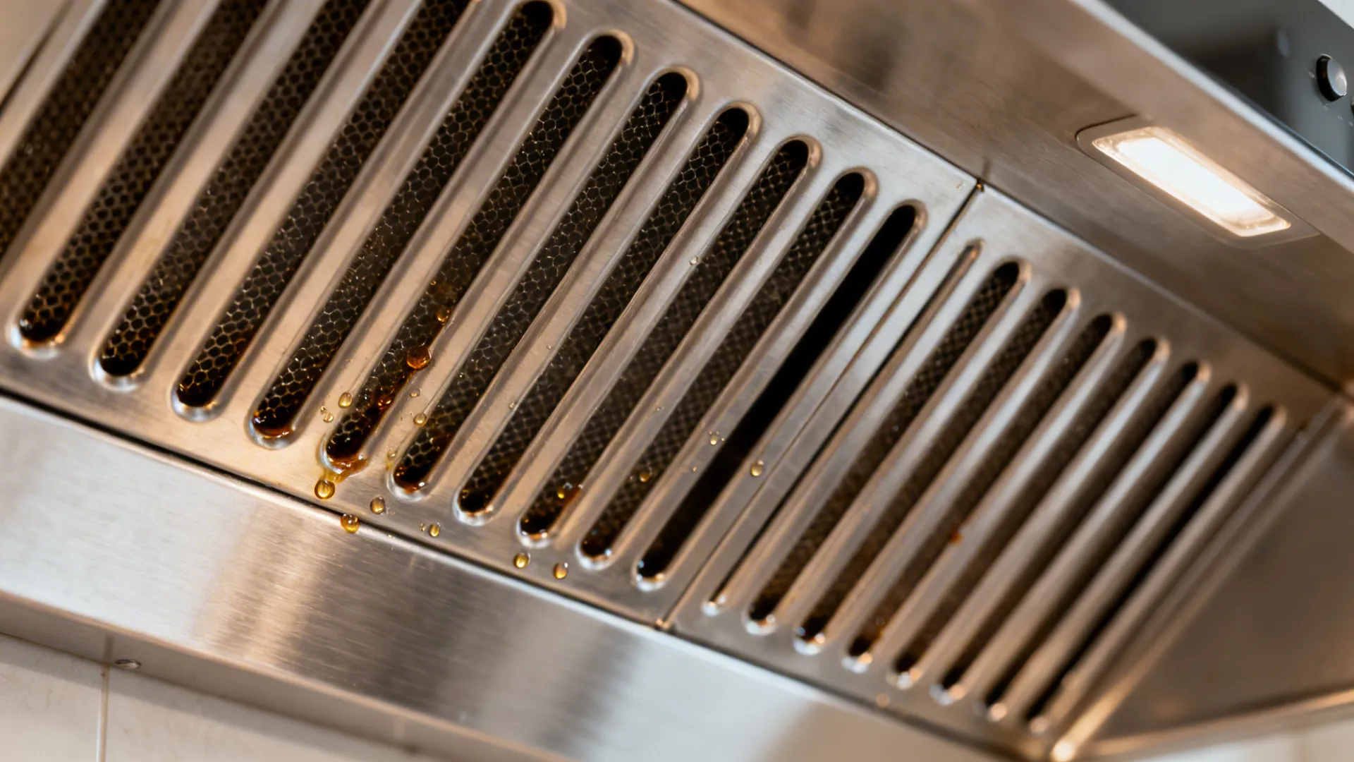 Close-up of stainless-steel baffle filters with clean channels and brushed metal texture.