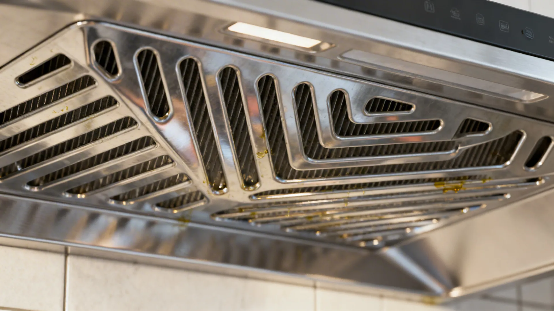 Stainless steel kitchen vent hood with a slotted metal filter and visible grease stains underneath
