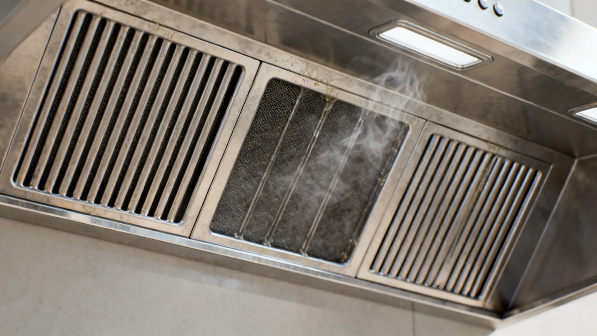 Close-up view of a metal kitchen vent filter with white smoke or steam rising upward