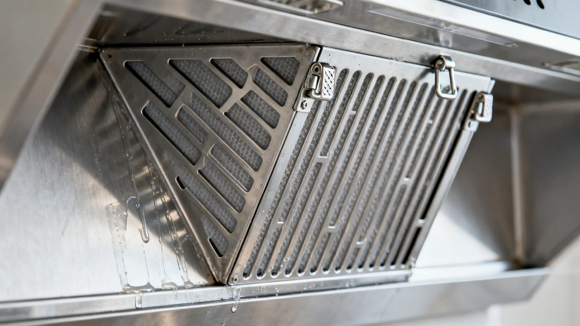 Macro of stainless baffle filters seated correctly in a commercial hood with clean drain channels.