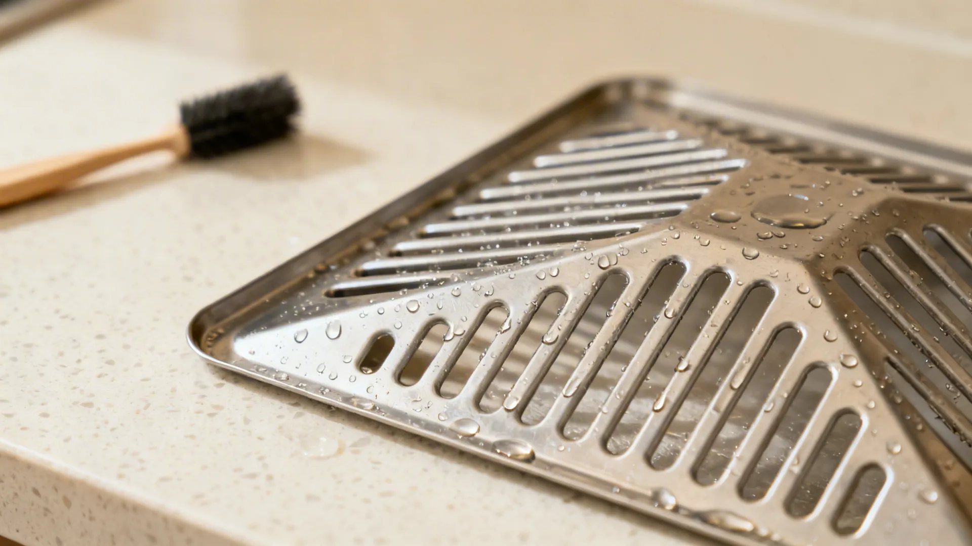 Macro of a stainless baffle filter with angled channels ready for cleaning.