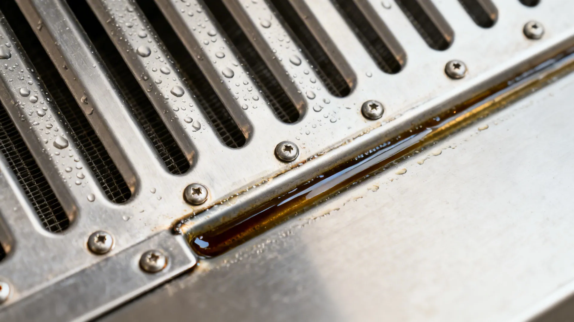 Close-up of stainless baffle filter geometry and grease trough edge with subtle sheen.