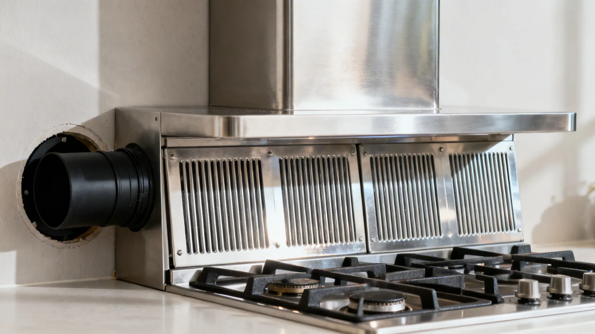 Macro of stainless baffle filter chimney with clean fins and 6-inch duct connection.