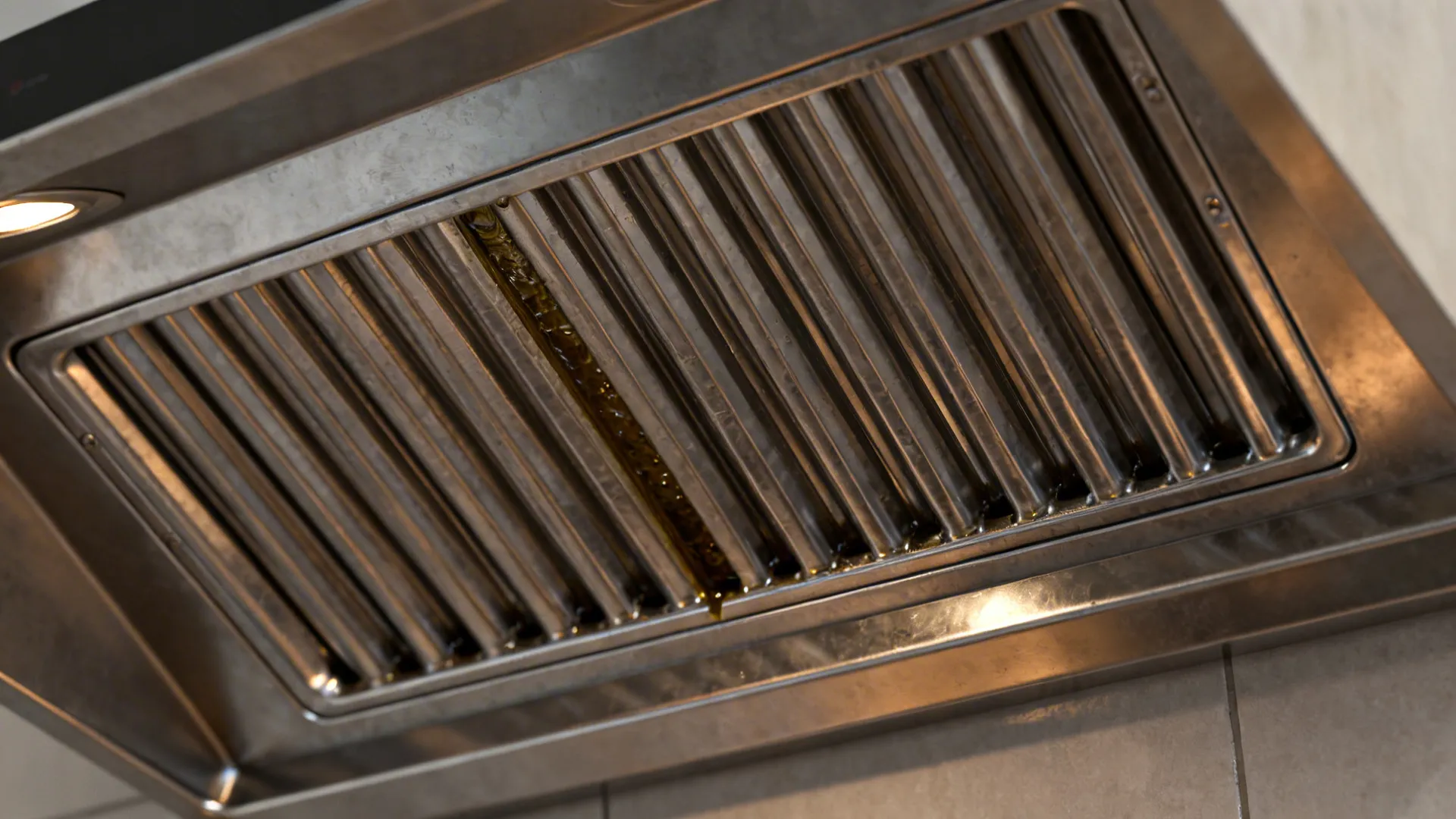 Macro detail of stainless baffle filters inside a slant chimney hood.