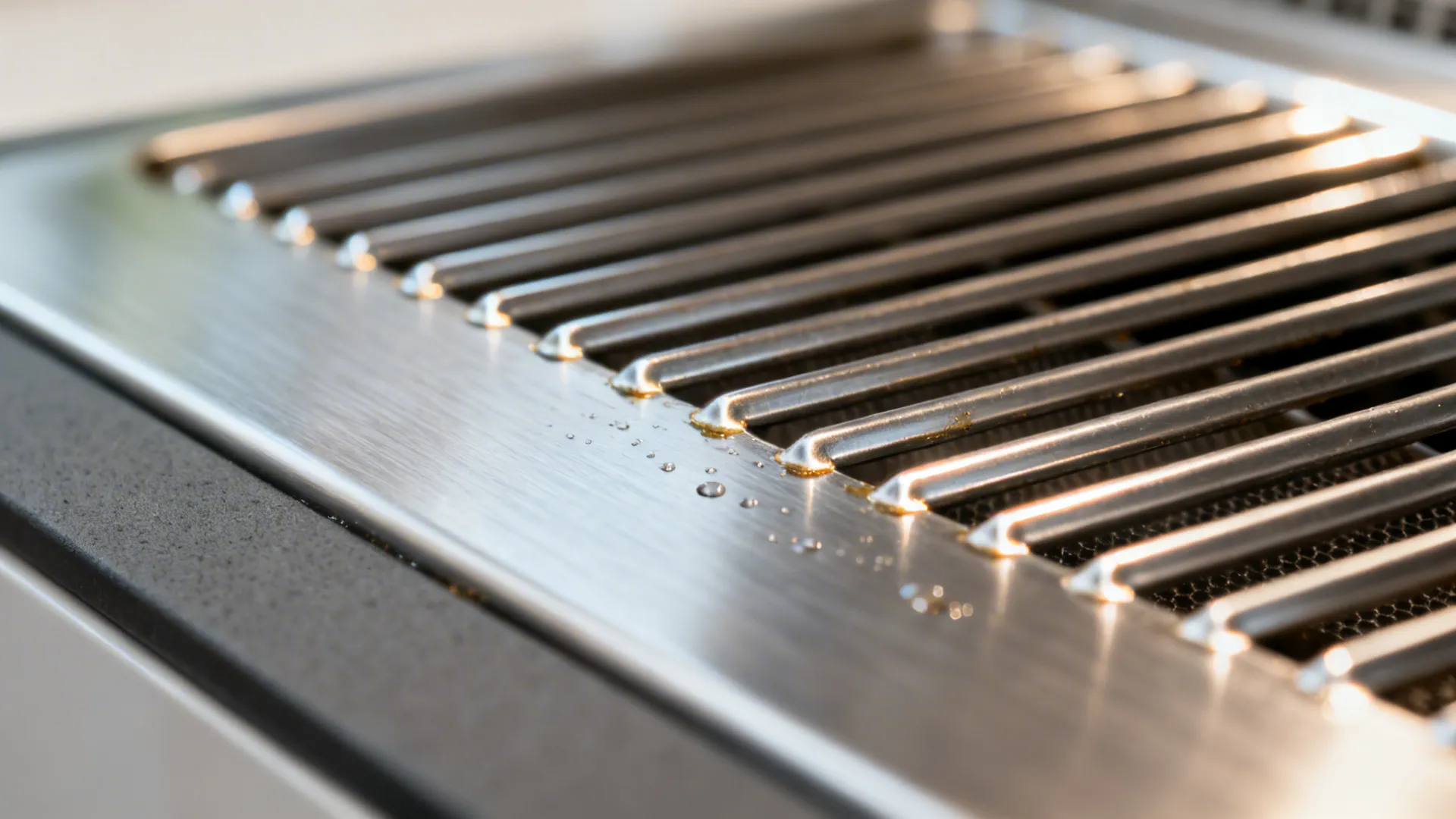 Macro view of stainless baffle filter fins with subtle grease sheen.