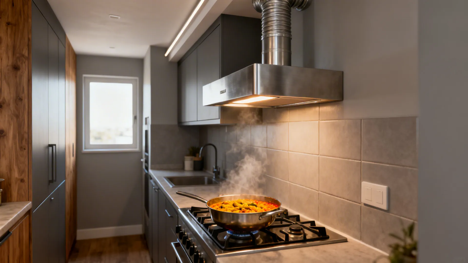 Minimalist stainless baffle hood in a small galley kitchen handling spicy cooking.