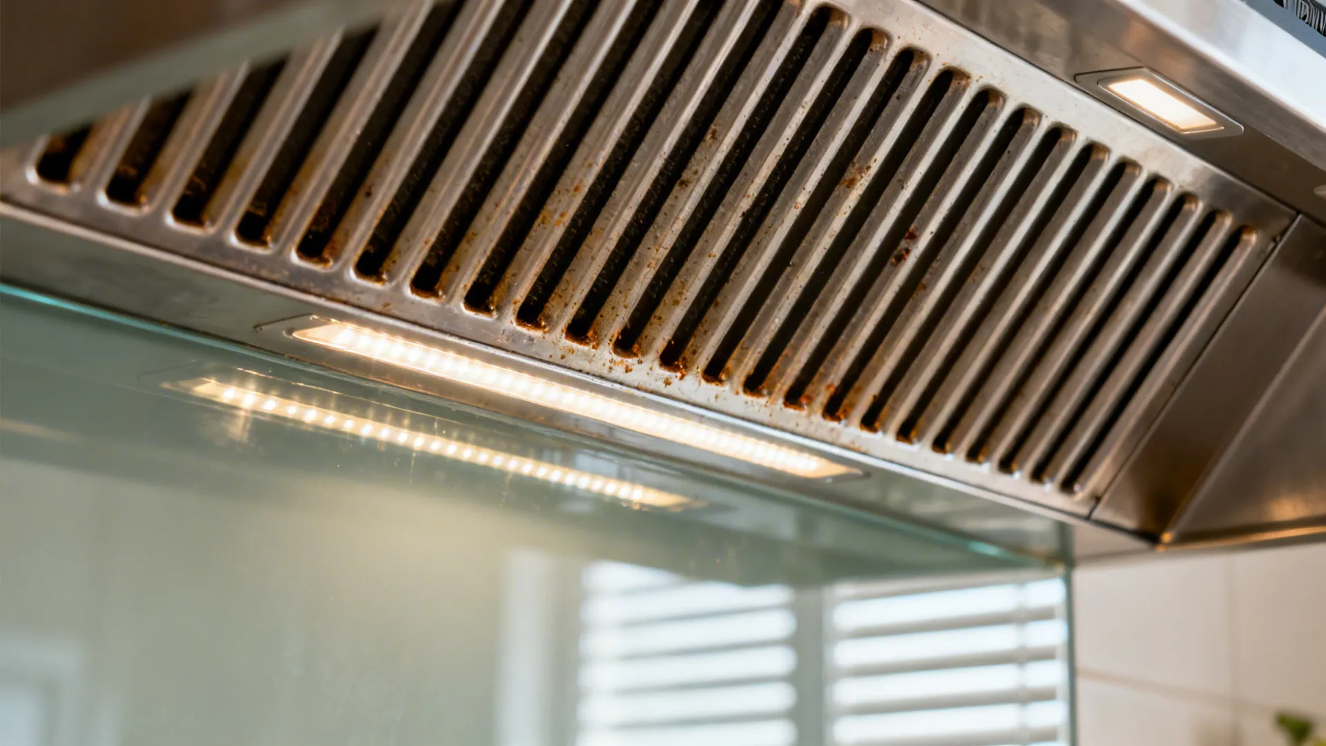 Macro of a stainless baffle filter hood with LED reflection on glass backsplash.