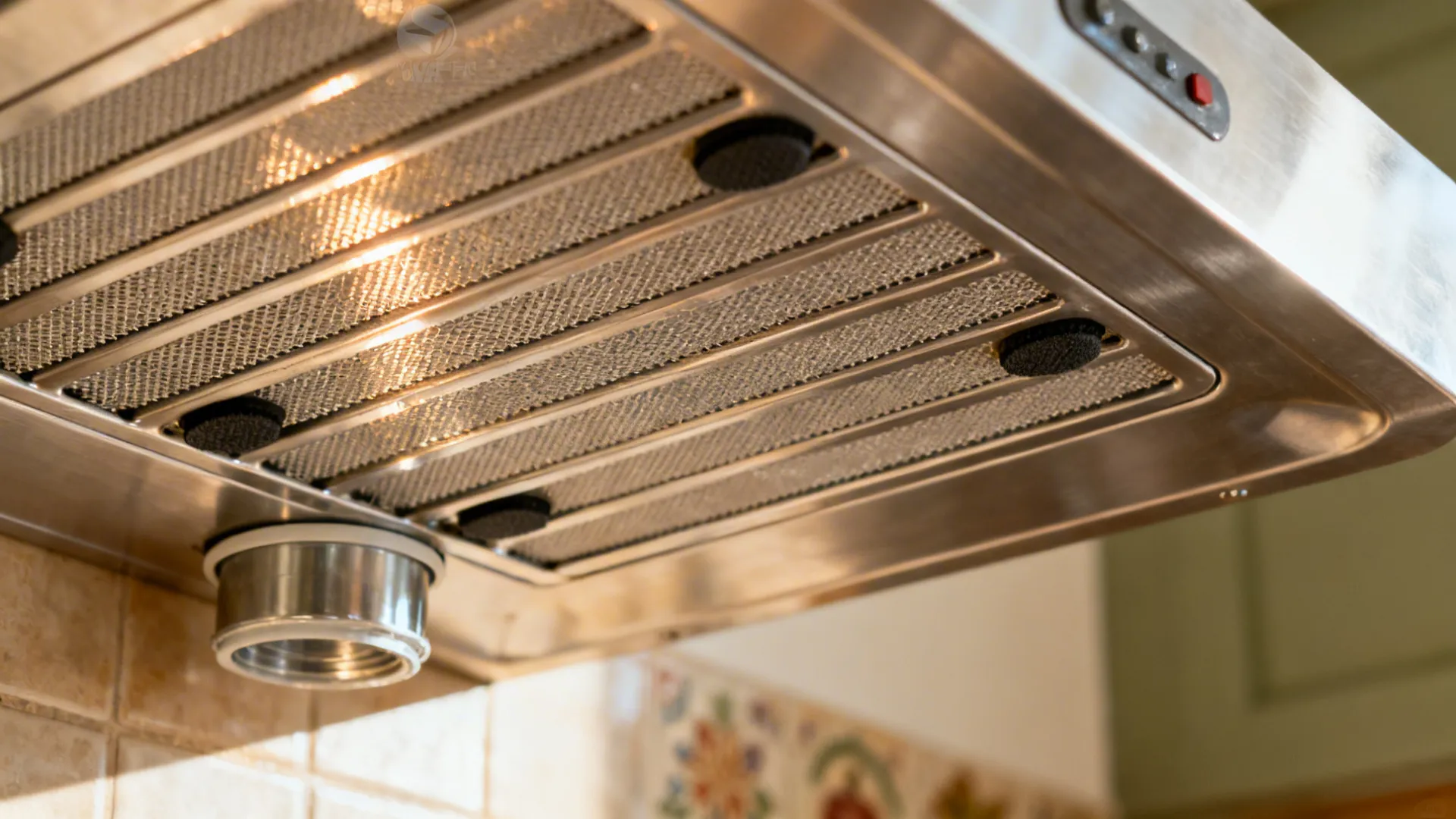 Close-up of stainless steel baffle filter hood with crisp metal fins and clean duct connection.