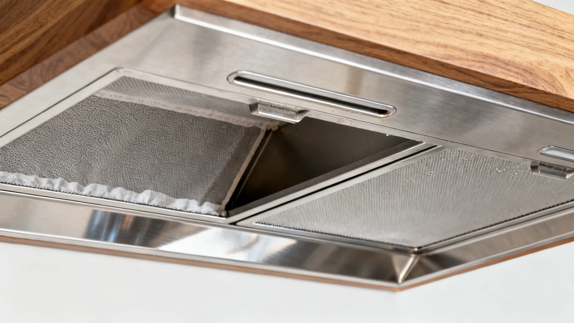 Macro of stainless baffle filters set into a wood canopy hood insert.