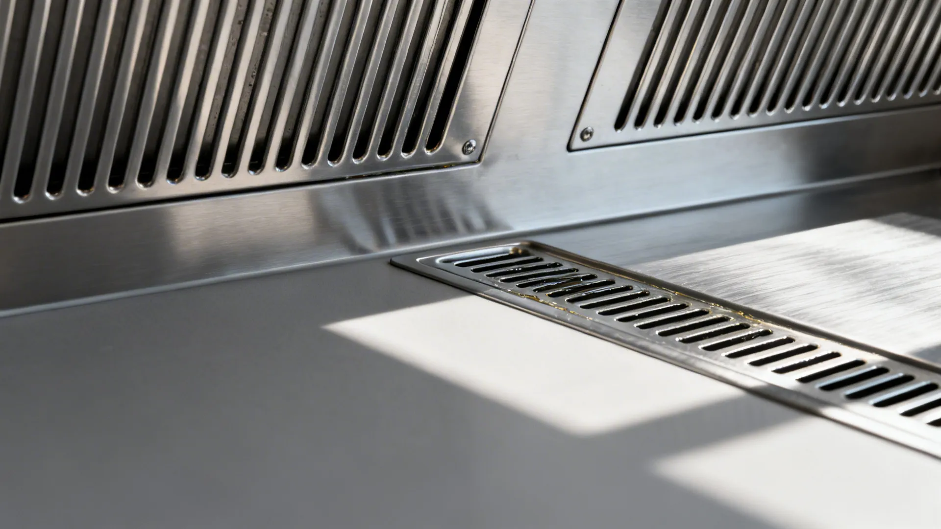 Macro of pro hood baffle filters and perimeter aspiration slot in brushed stainless.