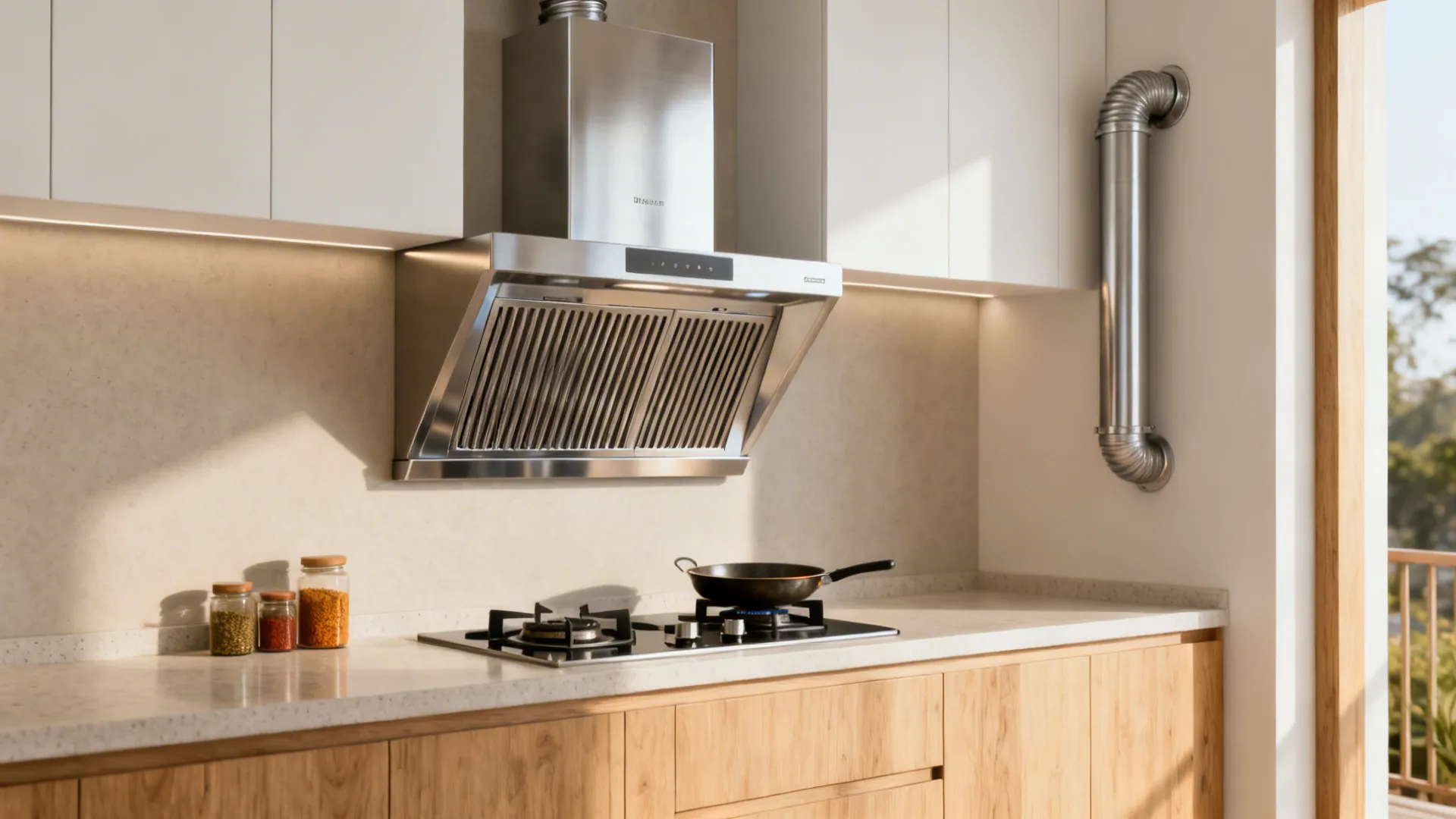 Stainless steel kitchen vent hood with filters above a gas stove and wooden kitchen cabinets