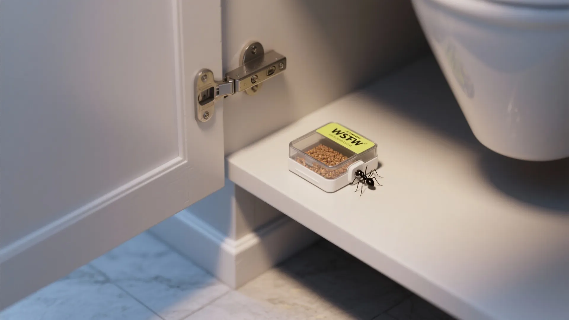 Small plastic bait station placed inside a white cabinet shelf with an ant crawling nearby