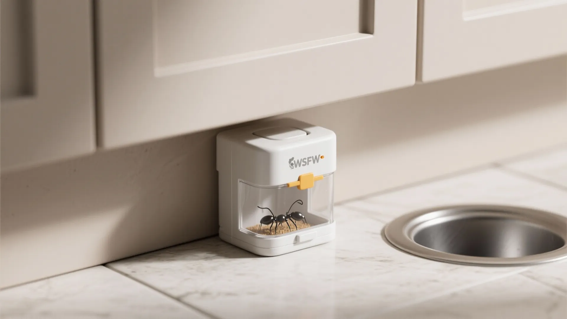Small white plastic pest control box on marble kitchen counter near sink under light cabinet