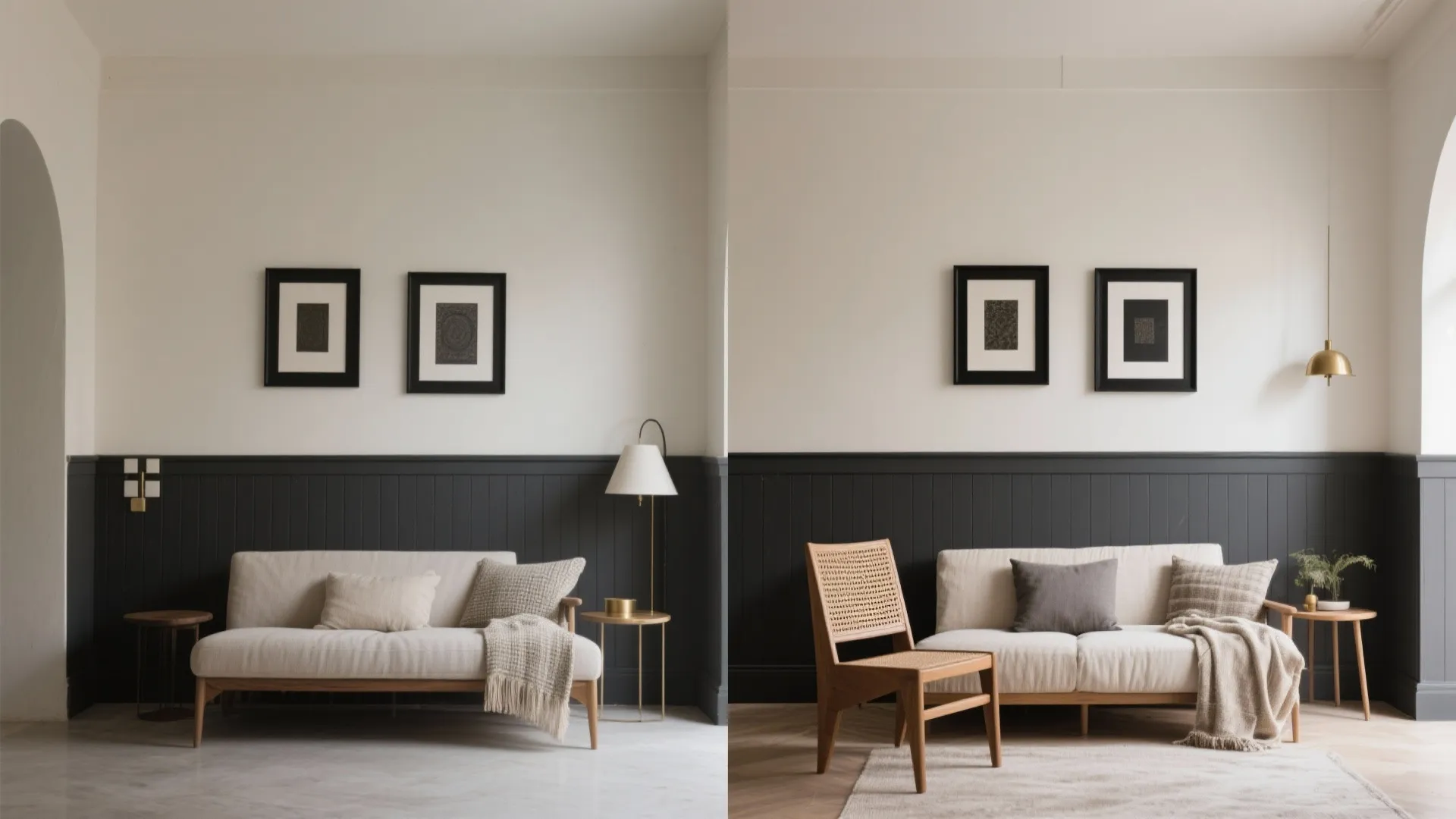 Before and after comparison of living room interior design with dark wall panels and furniture