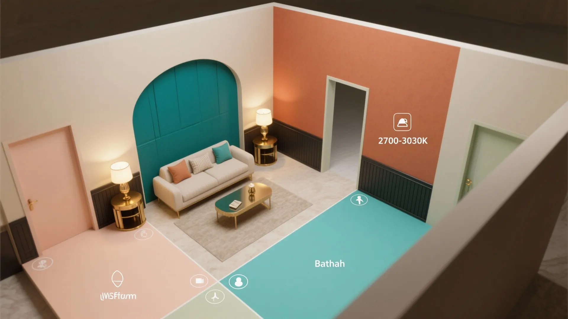 Interior design drawing showing room layout with colored zones sofa coffee table and light fixtures