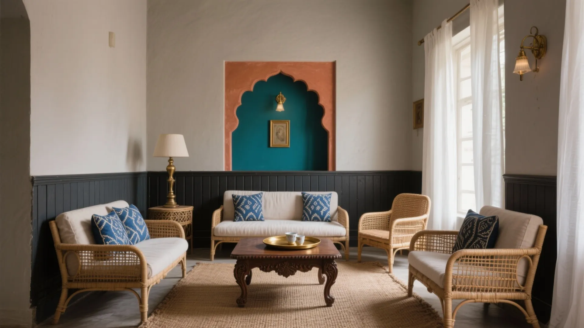 Traditional living room with wicker sofas wooden coffee table wall panels and blue arched wall niche