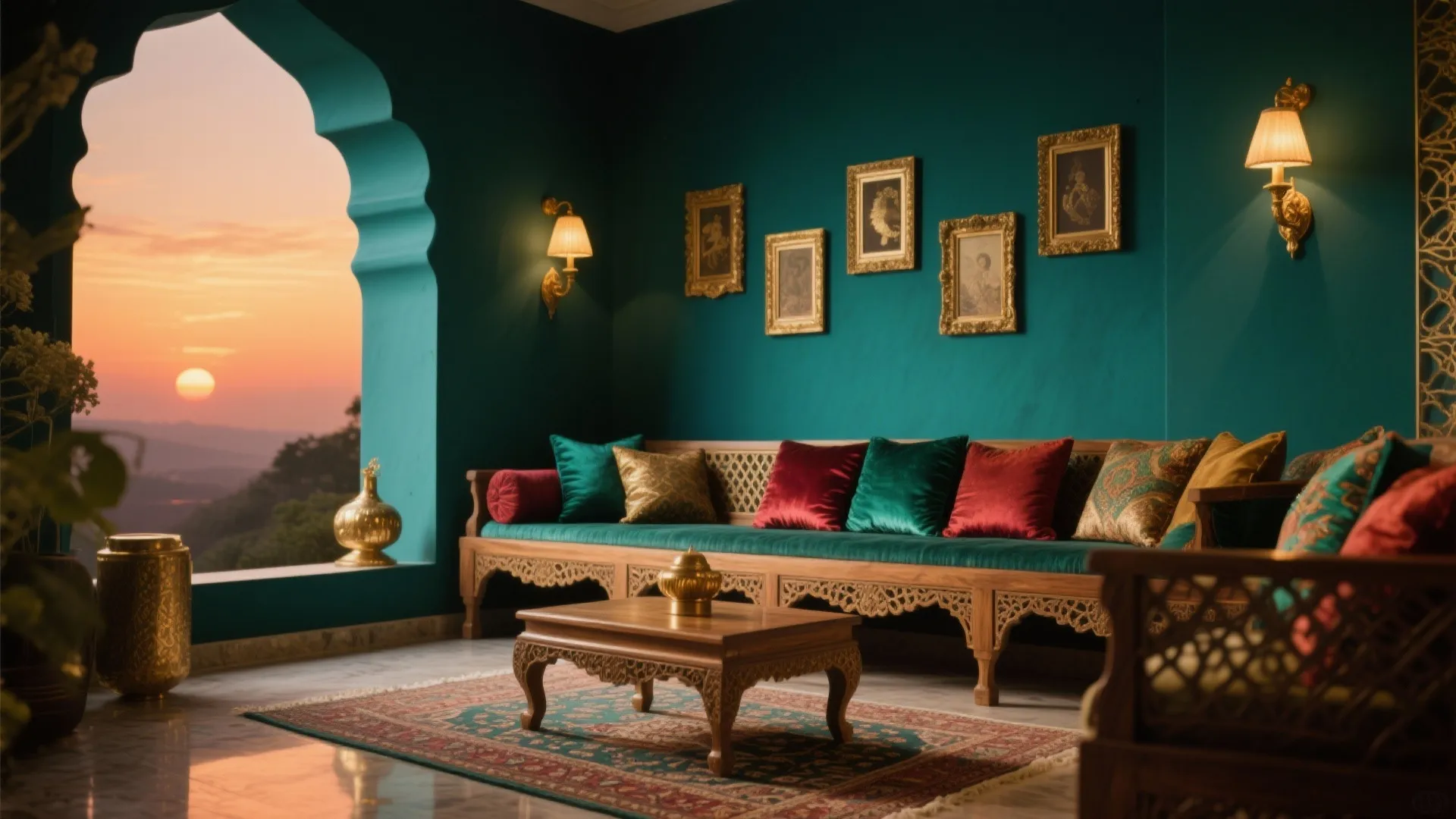 Teal living room with long wood sofa, colorful pillows, sunset view, and two wall lights