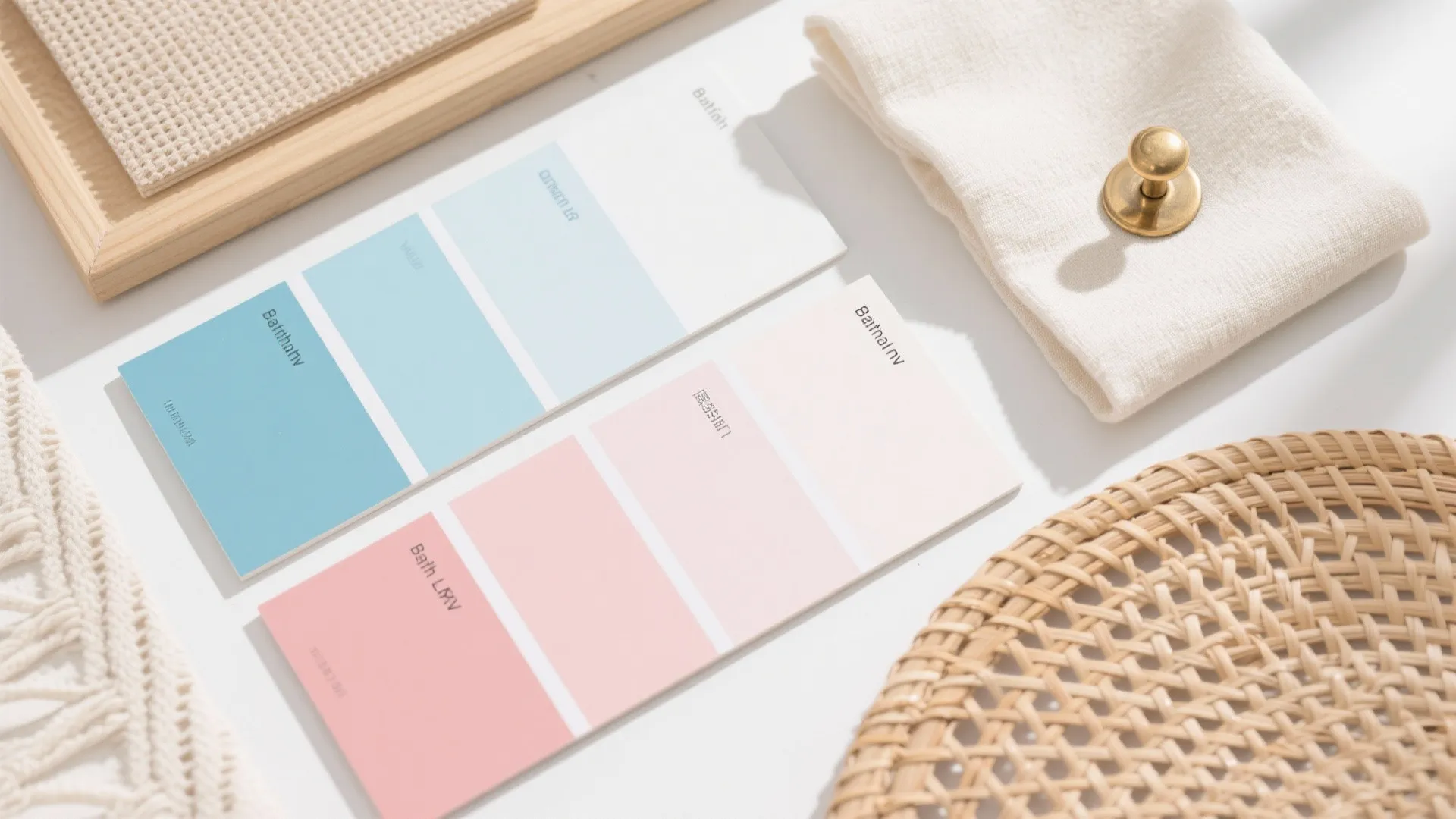 Interior design mood board with blue and pink color swatches fabric samples and wooden frame