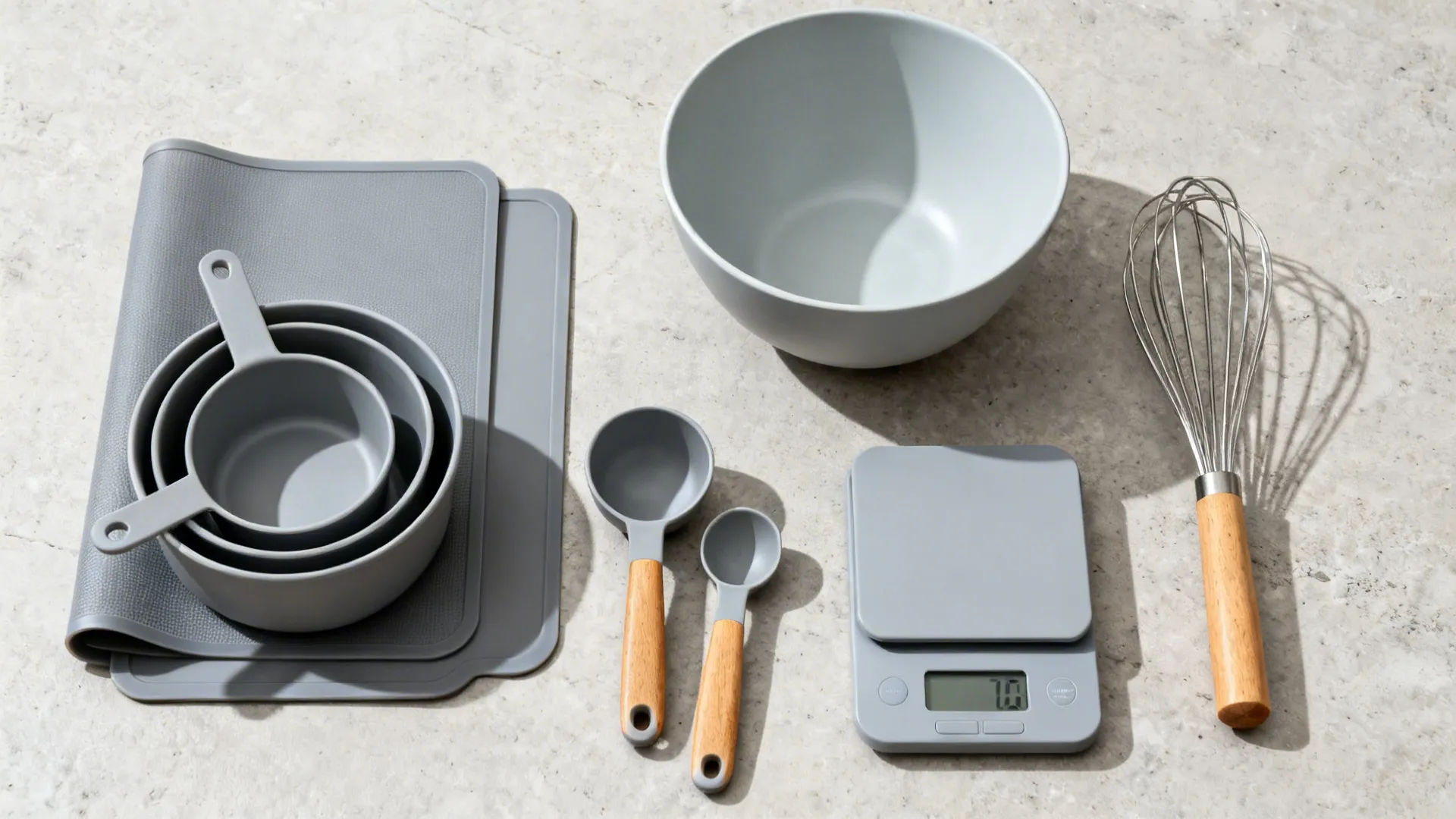 Grey baking tools like a bowl whisk digital scale and measuring spoons on stone surface