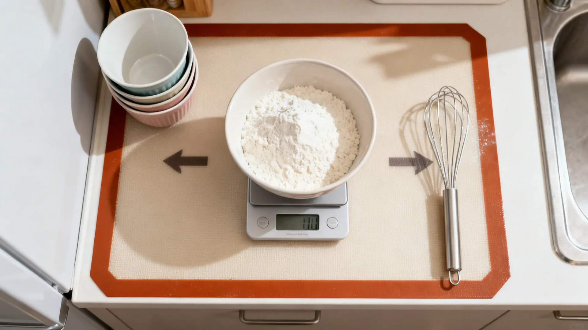 White bowl filled with flour placed on digital scale next to metal whisk and bowls