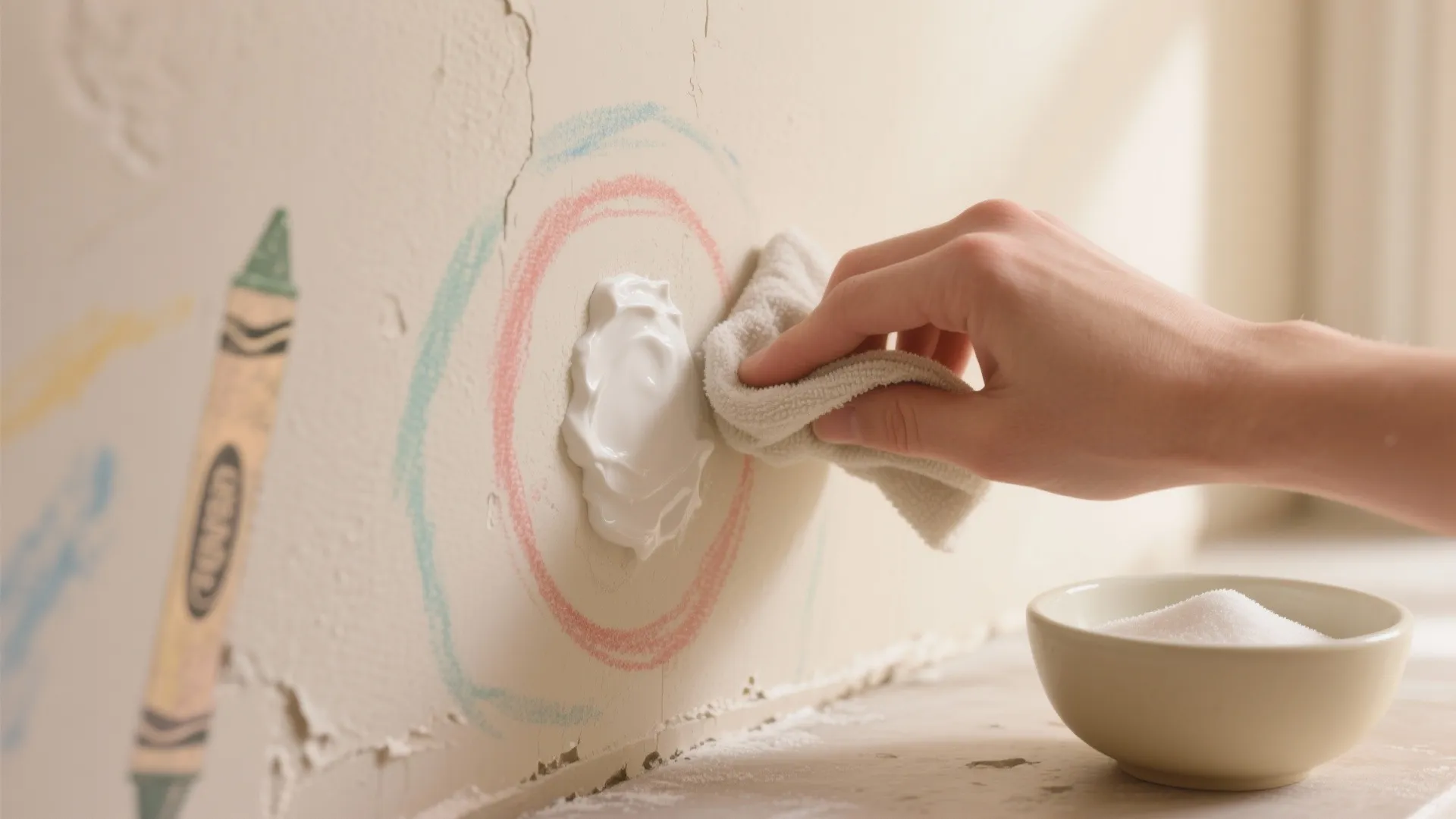 Close-up of baking soda paste being gently applied to crayon marks on an eggshell-painted wall with a damp cloth.