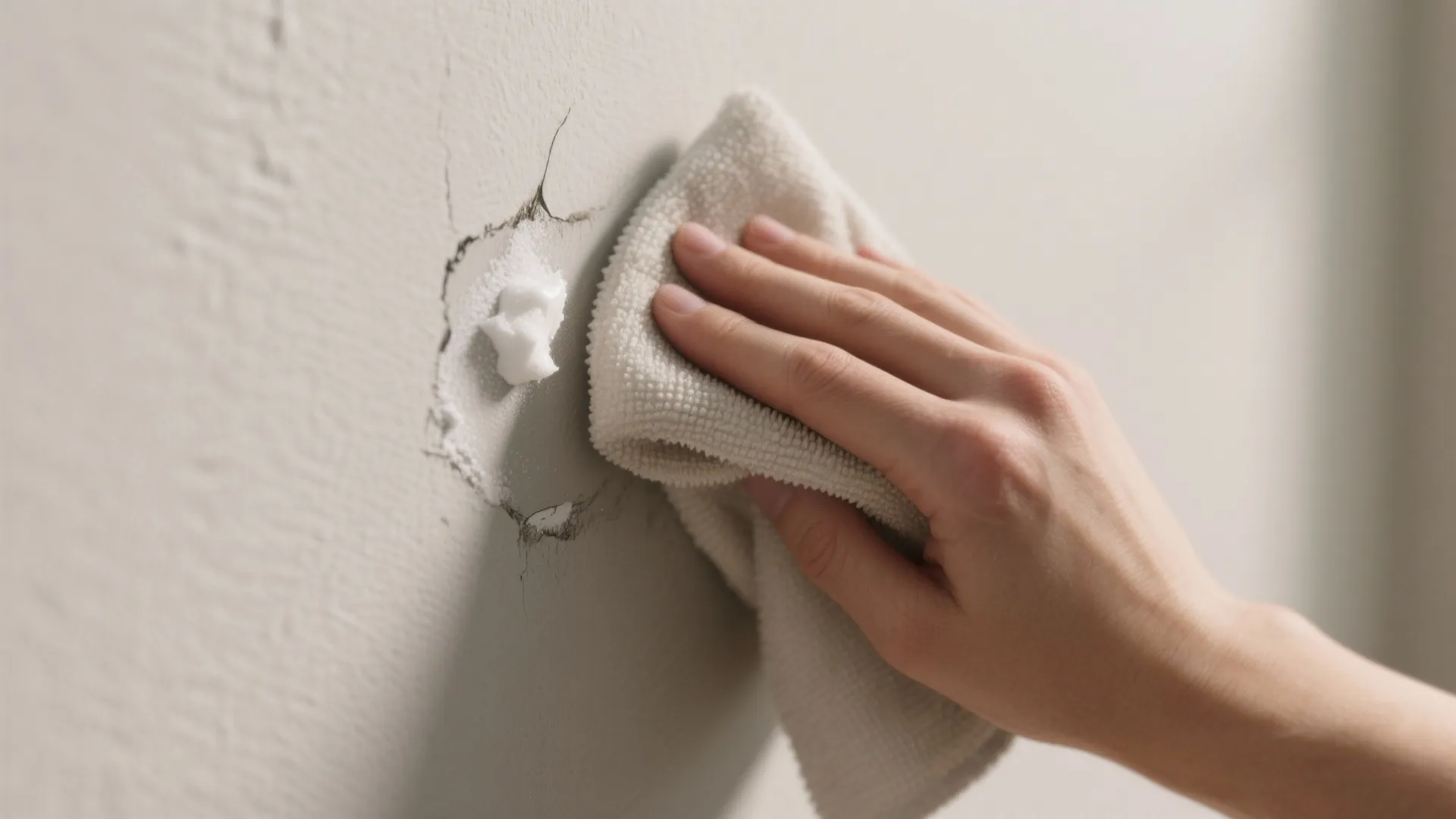 Hand using a small white cloth to apply white paste into a hole on wall
