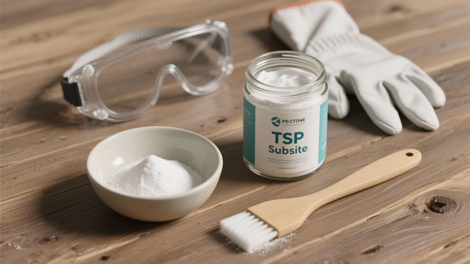 Flat lay of a baking soda paste bowl, TSP substitute jar, gloves and goggles arranged on a wooden table.