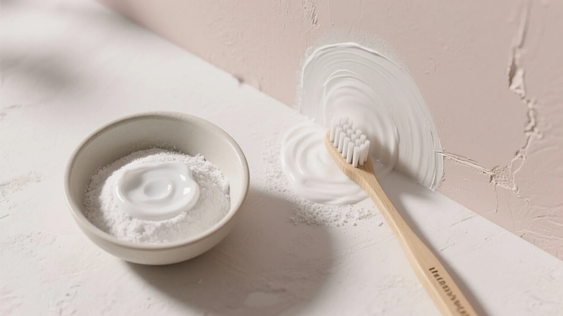 Using a wooden toothbrush and white baking soda paste to clean a stained pink wall surface