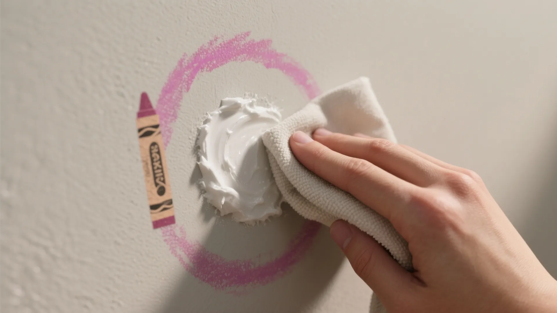 Hand using white cloth to apply cleaning paste over pink crayon mark on neutral wall
