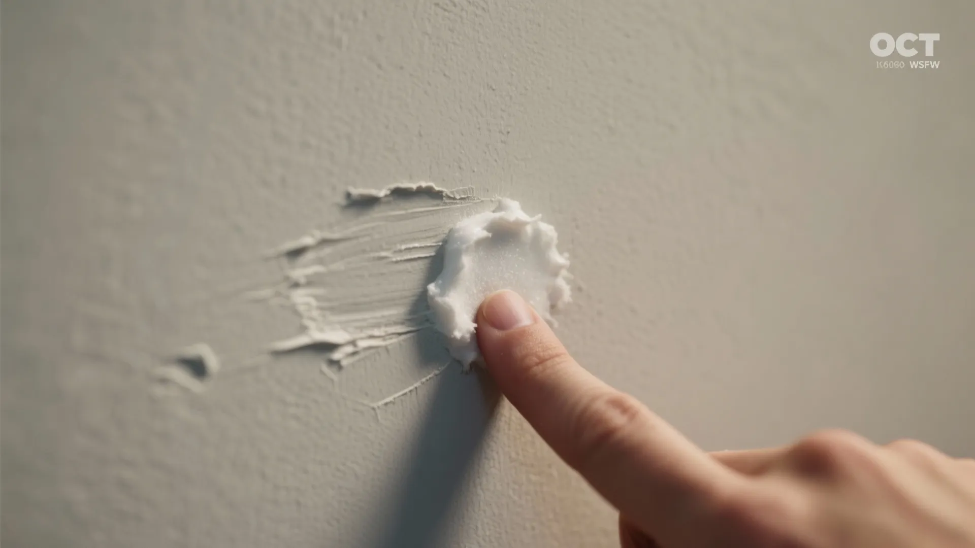 Close up view of a finger applying white baking soda paste onto a stained wall