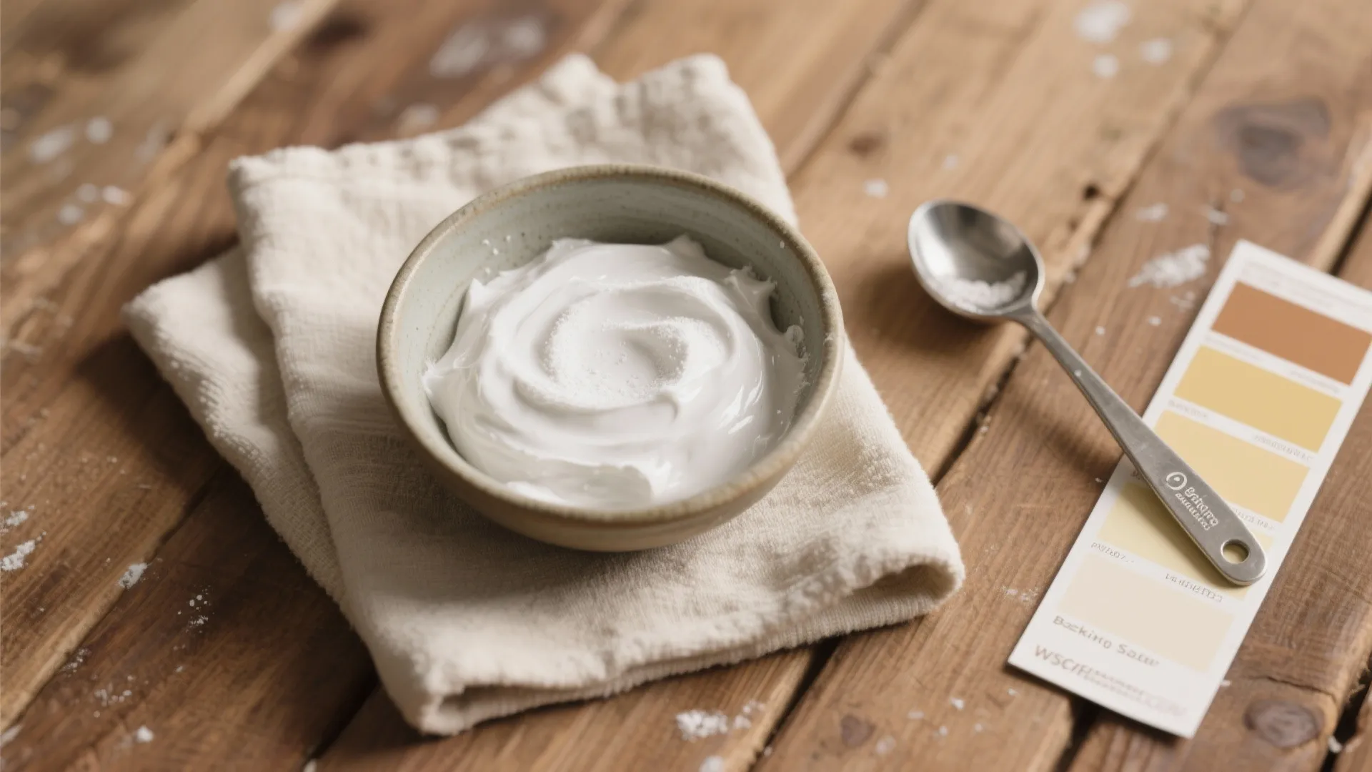 White baking soda paste in bowl on cloth next to spoon and color sample strip