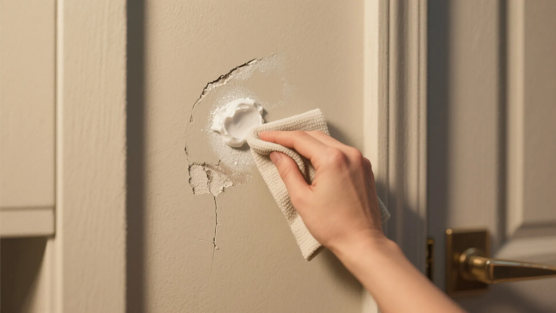 Person applying white cleaning paste to a cracked wall with a cloth in a room