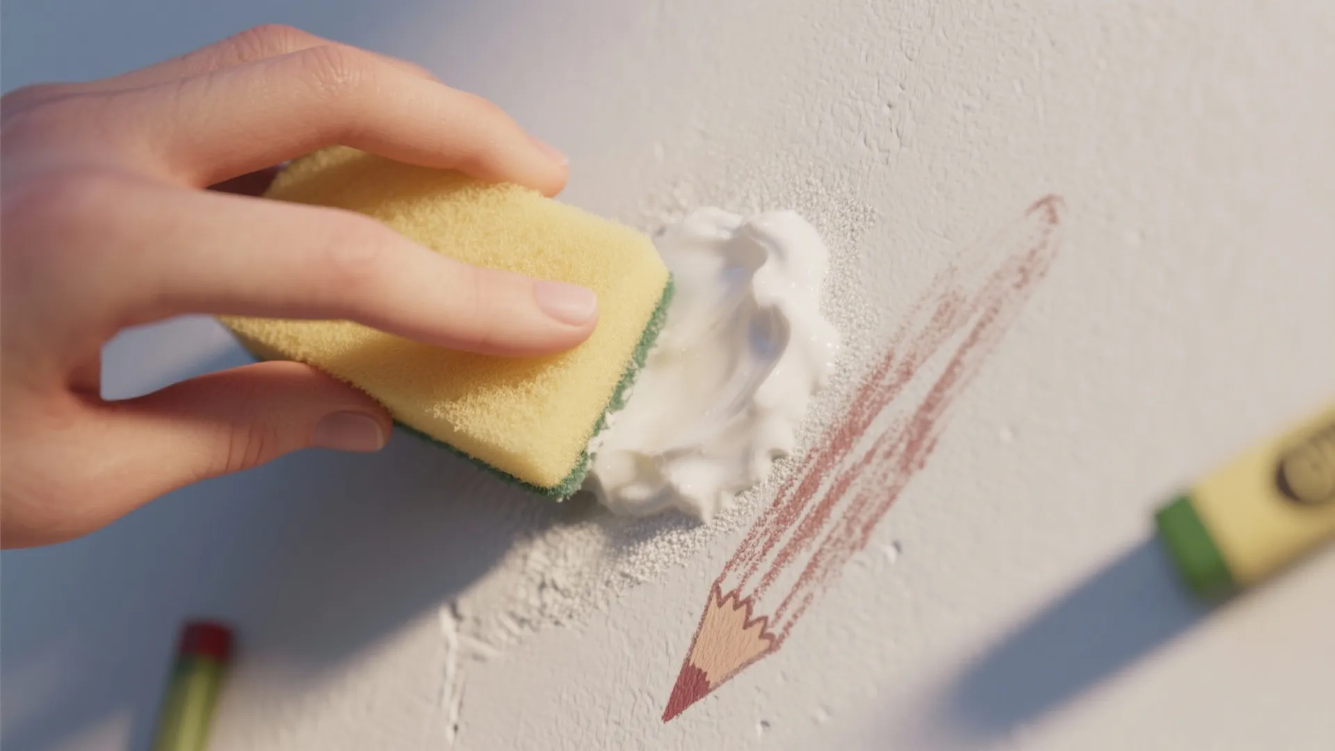 Close-up of a sponge applying baking soda paste to a scuff on a flat painted wall.