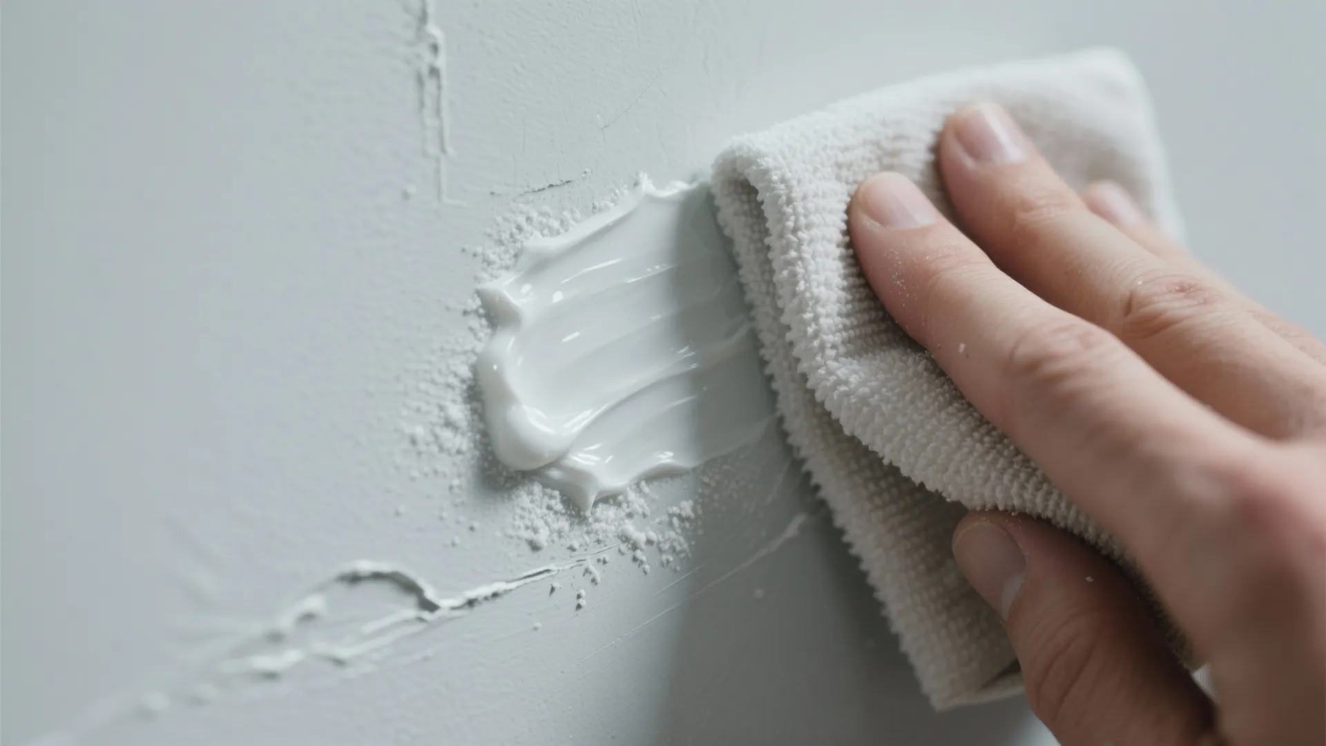 Close up of hand using white cloth to apply cleaning paste onto a grey wall