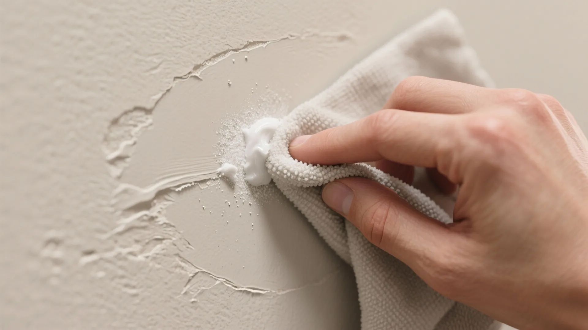 Close up shot of a hand cleaning white wall scuffs using baking soda and cloth